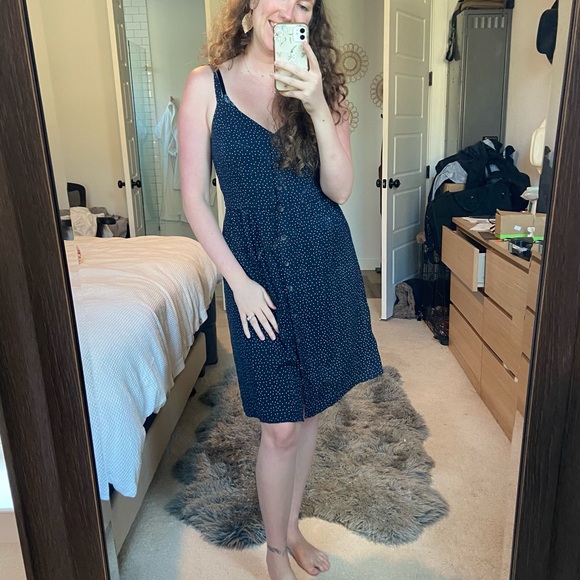 Gap navy dress with polka dots, size M Tall, elastic band on the back of dress - Picture 1 of 3